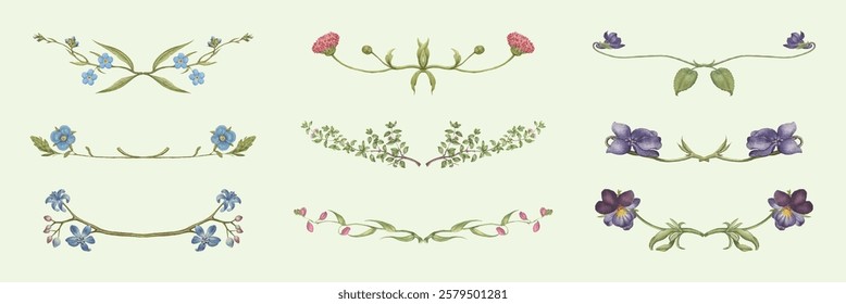 Floral dividers with delicate flowers and vines. Decorative florals with pink, blue, and purple flowers. Elegant floral dividers for design projects. Spring flower illustrations, vector set.