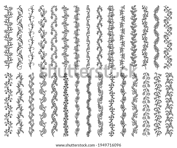 Floral dividers, line borders and frame lines.\
Vector calligraphy elements set with ornaments of flower and leaf\
garlands, floral vines with blooming branches, swirls and\
flourishes, page\
decoration