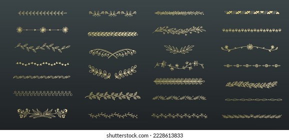 Floral dividers line icons set vector illustration. Hand drawn outline ornate gold borders, simple divider frame of vine with leaf, decorative flowers on boarder, flourish separator for title