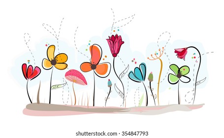 Floral doodle abstract colorful flowers vector background