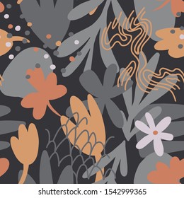 Floral doodle art seamless pattern with different abstract shapes and textures. Cute collage with flowers and plants. Vector. Trendy cutout flat style fashion design for fabric, textile, wrapping, 