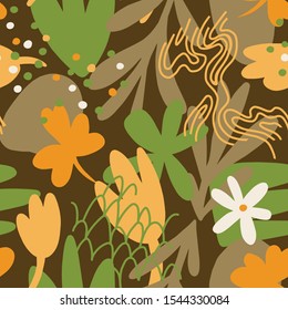 Floral doodle art seamless pattern with different abstract shapes and textures. Cute collage with flowers and plants. Vector. Trendy cutout flat style fashion design for fabric, textile, wrapping, 