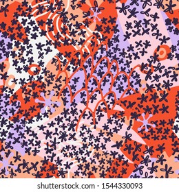 Floral doodle art seamless pattern with different abstract shapes and textures. Cute collage with small daisy flowers. Vector. Trendy flat style fashion design for fabric, textile, wrapping, 