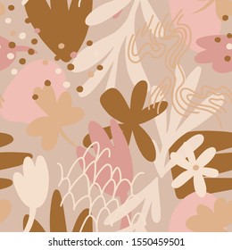 Floral doodle art seamless pattern with different abstract shapes and textures. Cute collage with flowers and plants. Vector. Trendy flat style fashion design for fabric, textile, wrapping, surface.