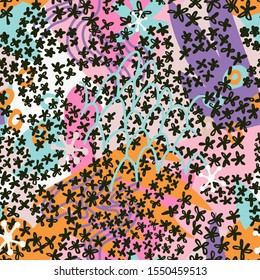 Floral doodle art seamless pattern with different abstract shapes and textures. Cute collage with small daisy flowers. Vector. Trendy flat style fashion design for fabric, textile, wrapping, 