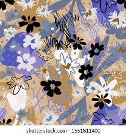 Floral doodle art seamless pattern with different abstract shapes and textures. Cute collage with flowers and plants. Vector. Trendy flat style fashion design for fabric, textile, wrapping, surface.