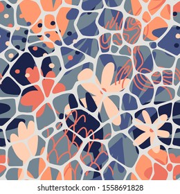 Floral doodle art seamless pattern with different abstract shapes and Irregular abstract rounded pentagonal grid foam form texture. Flat collage with flowers and organic cells. Vector.  