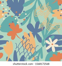 Floral doodle art seamless pattern with different abstract shapes and textures. Cute collage with flowers and plants. Vector. Trendy flat style fashion design for fabric, textile, wrapping, surface.