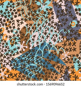 Floral doodle art seamless pattern with different abstract shapes and textures. Cute collage with small daisy flowers. Vector. Trendy flat style fashion design for fabric, textile, wrapping, 