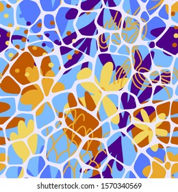 Floral doodle art seamless pattern with different abstract shapes and Irregular abstract rounded pentagonal grid foam form texture. Flat collage with flowers and organic cells. Vector.  