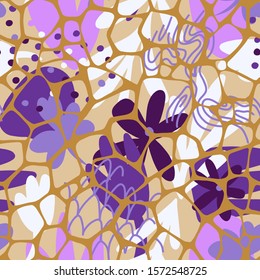 Floral doodle art seamless pattern with different abstract shapes and Irregular abstract rounded pentagonal grid foam form texture. Flat collage with flowers and organic cells. Vector.  