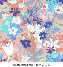 Floral doodle art seamless pattern with different abstract shapes and textures. Cute collage with flowers and plants. Vector. Trendy flat style fashion design for fabric, textile, wrapping, surface.