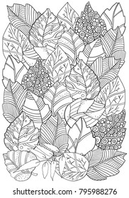 Floral doodle background pattern in vector with autumn leaves. A4 size. Design Asian, ethnic, zentangle, tribal pattern. Black and white. Coloring book. Monochrome.