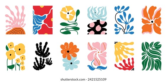 Conjunto de vectores de fondo de doodle floral. Flor y hojas de forma abstracta diseño de doodle de diseño para impresión, papel pintado, clipart, arte de pared para la decoración doméstica.