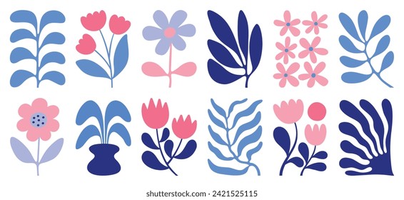 Floral doodle background vector set. Flower and leaves abstract shape doodle art design for print, wallpaper, clipart, wall art for home decoration.
