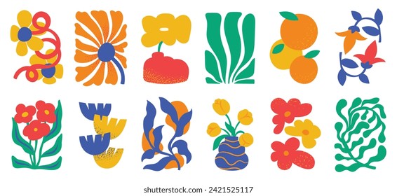 Conjunto de vectores de fondo de doodle floral. Flor y hojas de forma abstracta diseño de doodle de diseño para impresión, papel pintado, clipart, arte de pared para la decoración doméstica.