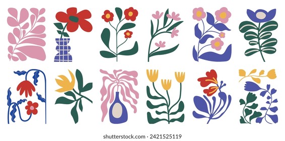 Floral doodle background vector set. Flower and leaves abstract shape doodle art design for print, wallpaper, clipart, wall art for home decoration.