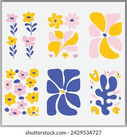 Floral doodle background vector set. Flower and leaves abstract shape doodle art design for print, wallpaper, clipart, wall art for home decoration.