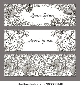 Floral doodle banners set. Black and white beautiful flyer templates for your design. Vector illustration