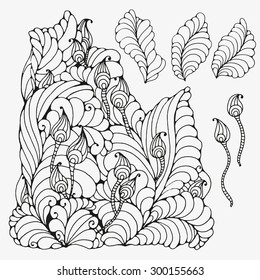 Floral doodle. Black and white pattern in vector.  Artistically drawn, doodle, henna. Tribal.  Sketch by trace. zentangle