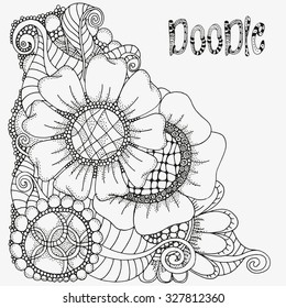 Floral doodle. Black and white pattern in vector.  Artistically drawn, doodle, henna. Tribal.  Sketch by trace. zentangle