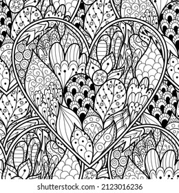 Floral doodle black and white seamless pattern for coloring book. Love mandala outline background. Creative coloring page for adults and kids. Vector illustration