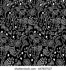 Floral doodle patrón de Vector blanco y negro sin costuras. Diseño de garabatos. Se puede utilizar para tarjetas, invitaciones, telas, Fondos de pantalla, Plantilla ornamental para el diseño y la decoración.