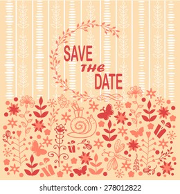 Floral doodle card. Save the date in leaf frame.