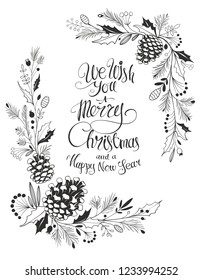 Floral Doodle Christmas Frame with Needles and Mistletoe Branches and Lettering