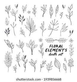 Elementos de diseño de doodles florales. Hojas y coronas decorativas dibujadas a mano. Diferentes ornamentos de flores. Ramas de árbol con hojas y flores.