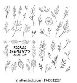 Elementos de diseño de doodles florales. Hojas y coronas decorativas dibujadas a mano. Diferentes ornamentos de flores. Ramas de árbol con hojas y flores.