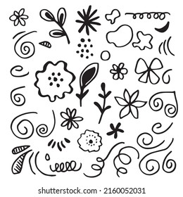 Blumendoodle-Design-Elemente.Blumendoodle-Skizze. Handgezeichnete dekorative Blätter und Kränze.Vektorgrafik. 