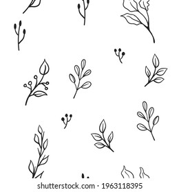 Floral doodle elements seamless texture. Hand drawn decorative leaves and wreaths texture background. Tree branches with leaf illustrations.