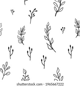 Elementos de doodle florales textura sin fisuras. Fondo de textura de hojas y coronas dibujadas a mano. Ramas de árbol con ilustraciones de hojas.