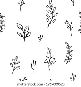 Floral doodle elements seamless texture. Hand drawn decorative leaves and wreaths texture background. Tree branches with leaf illustrations.