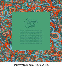 floral doodle ethnic pattern frame red and marine colors for inscriptions, photo. Cards, labels, packaging