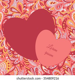 floral doodle ethnic pattern hearts frame rosy and yellow for inscriptions. Cards. Valentine's Day