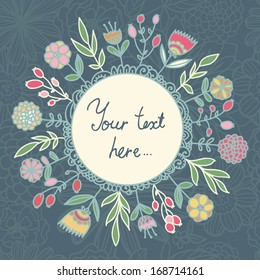 Floral doodle frame with place for text in pastel colors with seamless background.