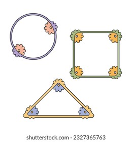 Floral doodle frame set. Retro cartoon hand drawn 70s style design, brush stroke line. Geometrical boarders, triangle, circle, square shapes, colorful palette. Vector illustration