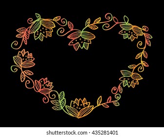 Floral doodle frame in the shape of heart. 