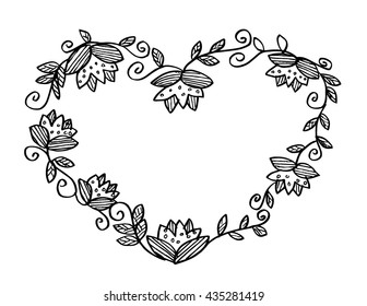 Floral doodle frame in the shape of heart. 
