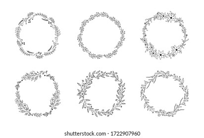 Floral doodle hand drawn decorative wreaths with flowers, branches, herbs, leaves and plants. Set of vintage circular frames and borders with wild flowers. Vector illustration