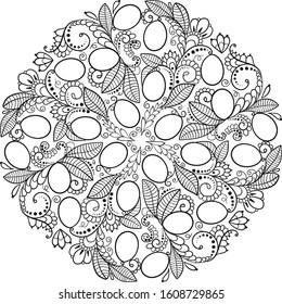floral doodle mandala for Easter coloring. black on  transparent  vector