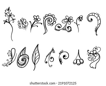 Floral doodle motifs with ornate swirls, a set of elements with petals and spirals for decoration vector illustration