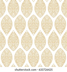 Floral doodle ornament. Vector seamless gold and white outline abstract shape pattern.