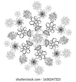 Floral doodle pattern in black and white. Zentangle drawing. Flower carpet in magic garden