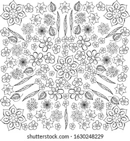 Floral doodle pattern in black and white. Zentangle drawing. Flower carpet in magic garden