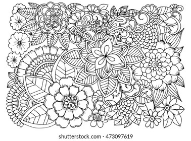 Floral doodle pattern in black and white. Zentangle drawing. Flower carpet in magic garden