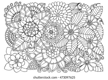 Floral doodle pattern in black and white. Zentangle drawing. Flower carpet in magic garden