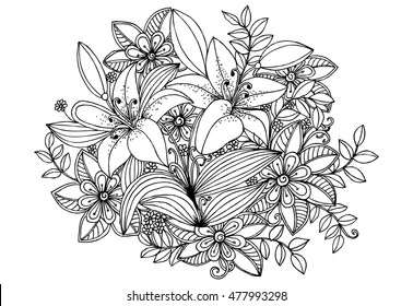 Floral doodle pattern in black and white. Zentangle drawing. Flower carpet in magic garden